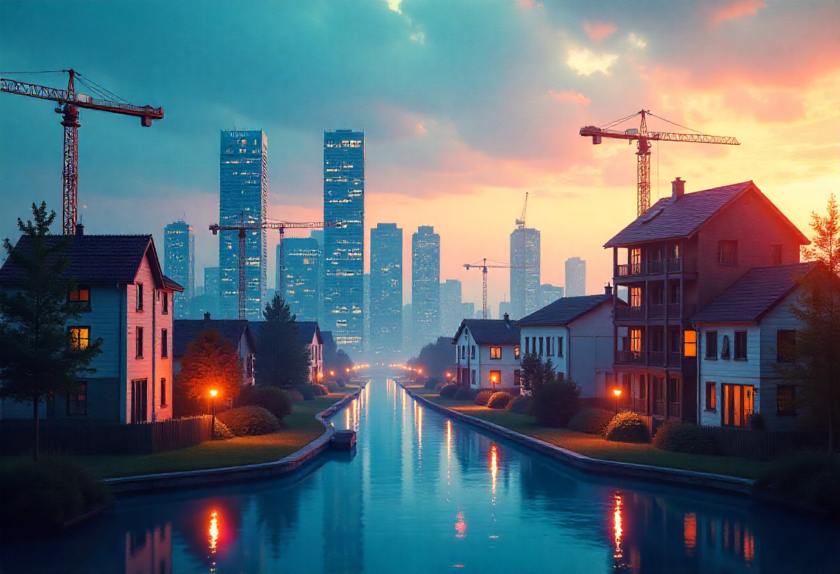 Infografik zur Mietpreisentwicklung 2025 in Deutschland mit Stadt- und Landmotiven, Baukränen, Preisdiagrammen und Symbolen für Wirtschaft, Politik und regionale Unterschiede.