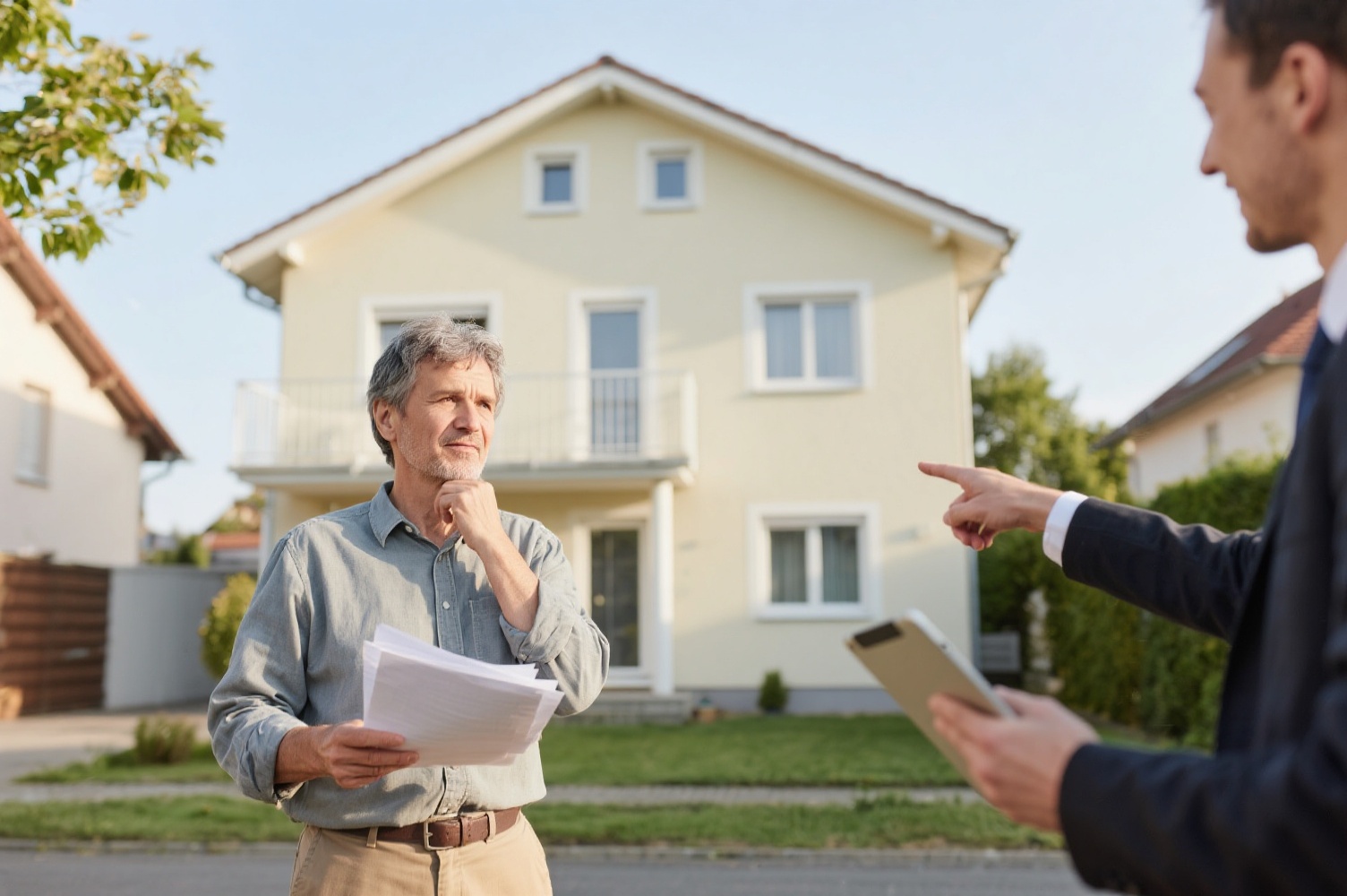 Erbe vor geerbtem Haus mit Makler bei der Immobilienbewertung
