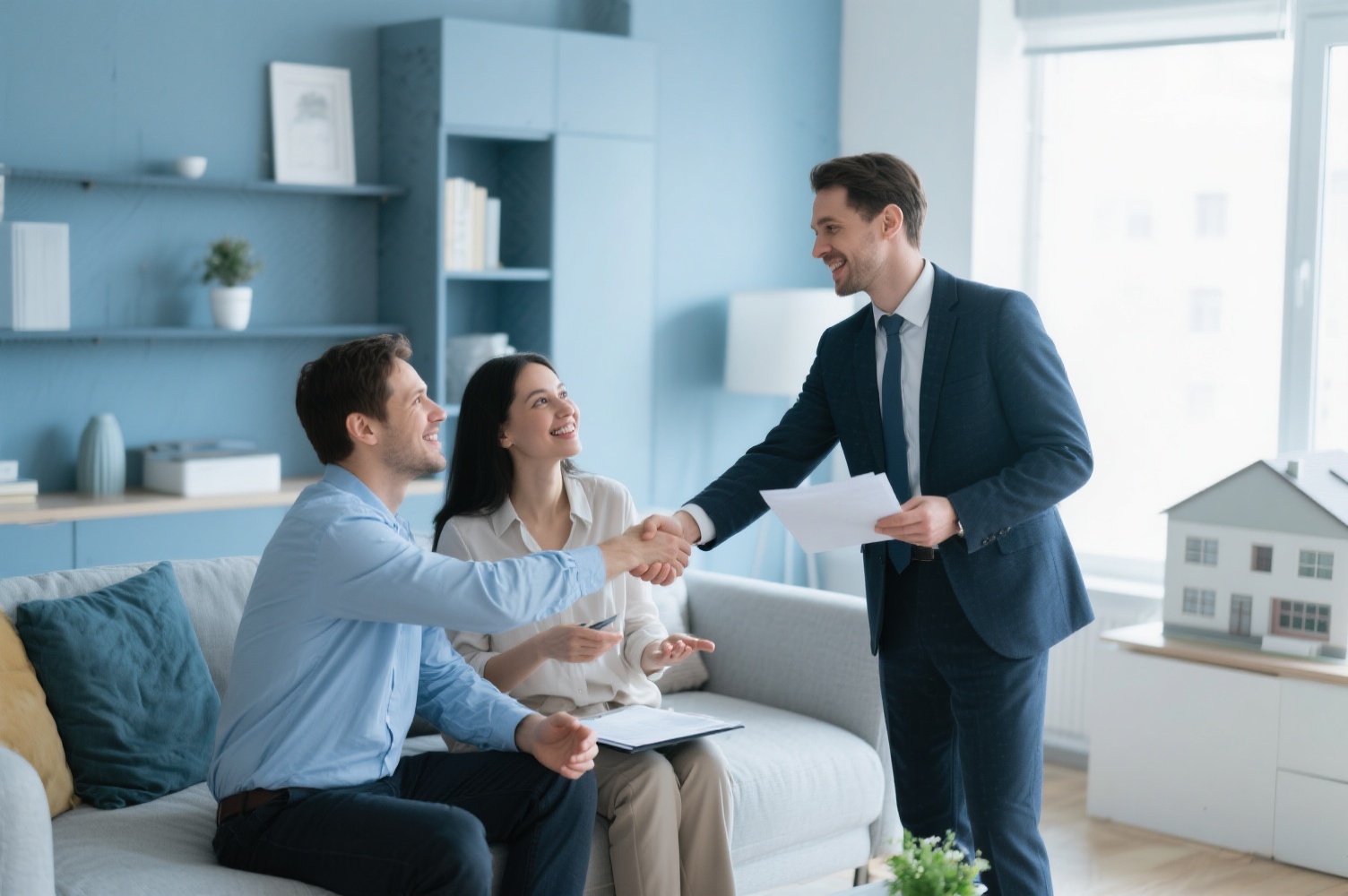 Immobilienmakler berät Hausverkäufer in modernem Wohnzimmer