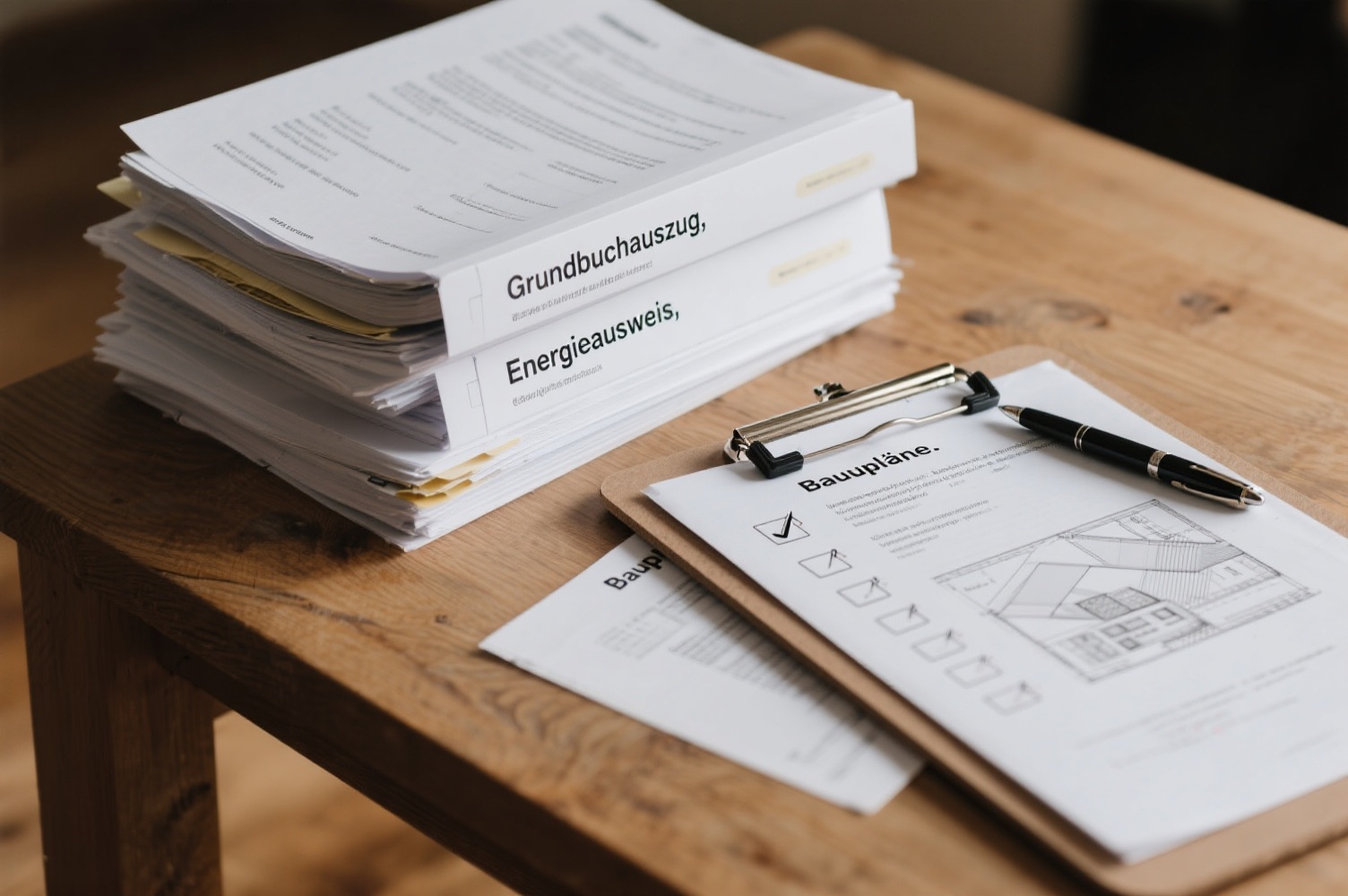 Checkliste: Diese Unterlagen benötigen Hausverkäufer Sortierte Immobilienunterlagen mit Checkliste auf einem Holztisch