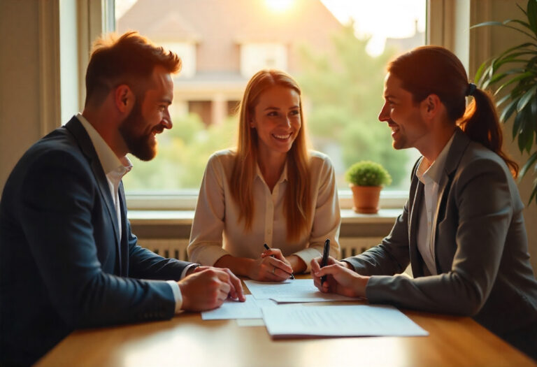 Finanzberater erklärt Paar die Immobilienfinanzierung und Zinsentwicklung im modernen Büro