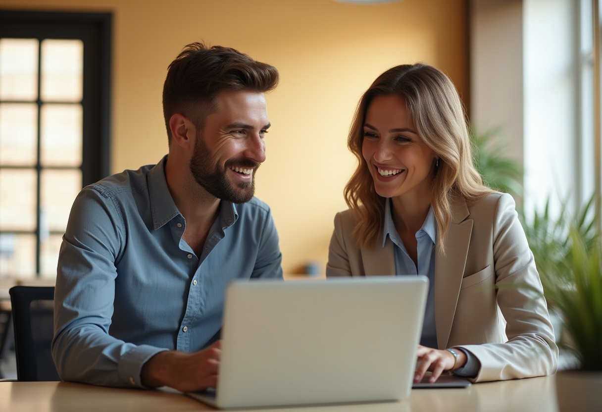 Vorteile für Immobilienmakler bei hausankauf-experten.de – Leads, Reichweite, Profilseite Immobilienmakler besprechen Kundenanfragen am Laptop – Zusammenarbeit im Expertennetzwerk