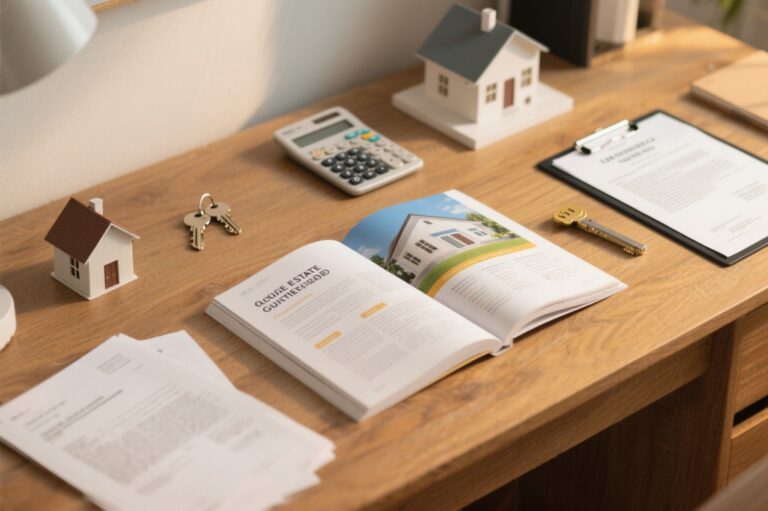 Aufgeschlagener Immobilienratgeber mit Haus-Modell, Unterlagen und Schlüssel