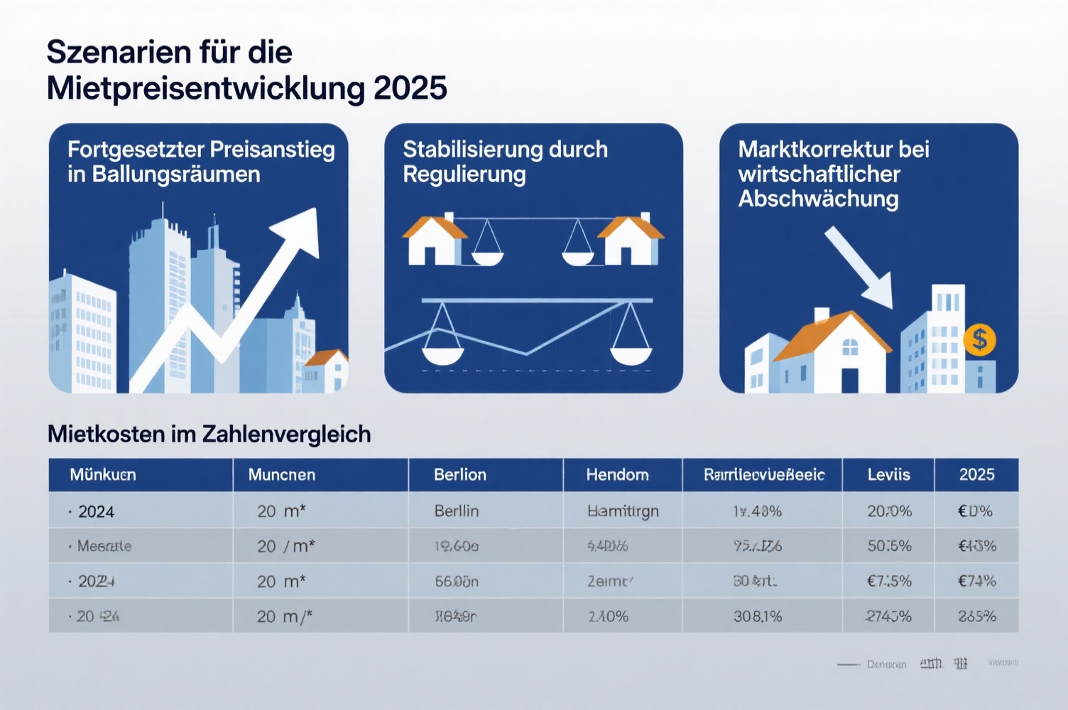 Infografik mit drei Szenarien zur Mietpreisentwicklung 2025 und einem Vergleich fiktiver Durchschnittsmieten in München, Berlin, Hamburg, Leipzig und ländlichen Regionen Bayerns.