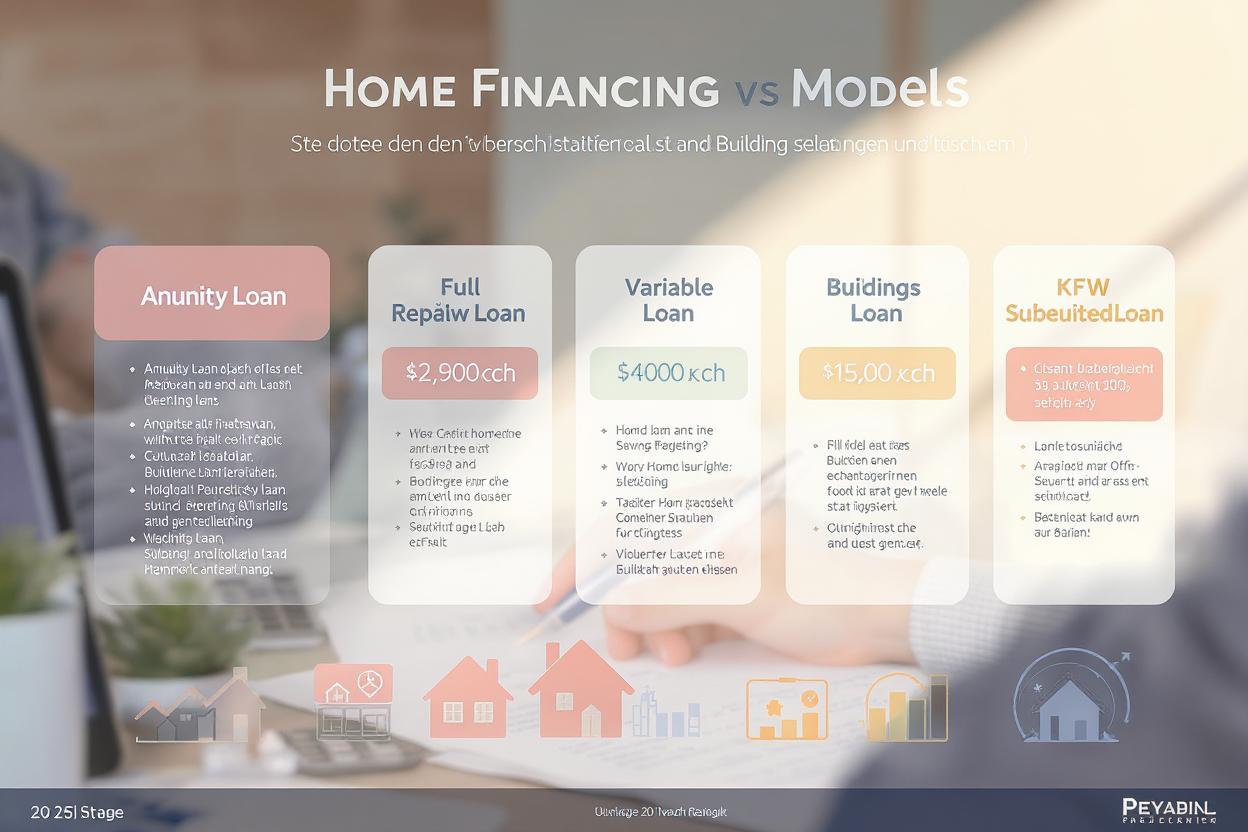 Infografik mit den wichtigsten Baufinanzierungsmodellen – Annuitätendarlehen, Volltilgerdarlehen, variables Darlehen, Bauspardarlehen und KfW-Förderkredit – mit Vorteilen und Merkmalen im Überblick.