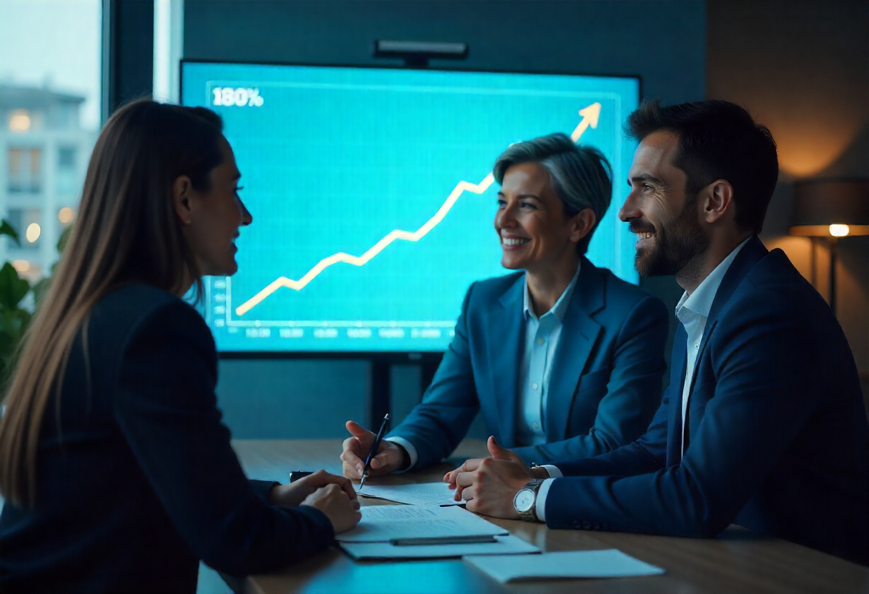 Finanzberater erklärt einem jungen Paar die Zinsentwicklung und Tilgungsstrategien für die Immobilienfinanzierung vor einem Diagramm mit Zinskurven.