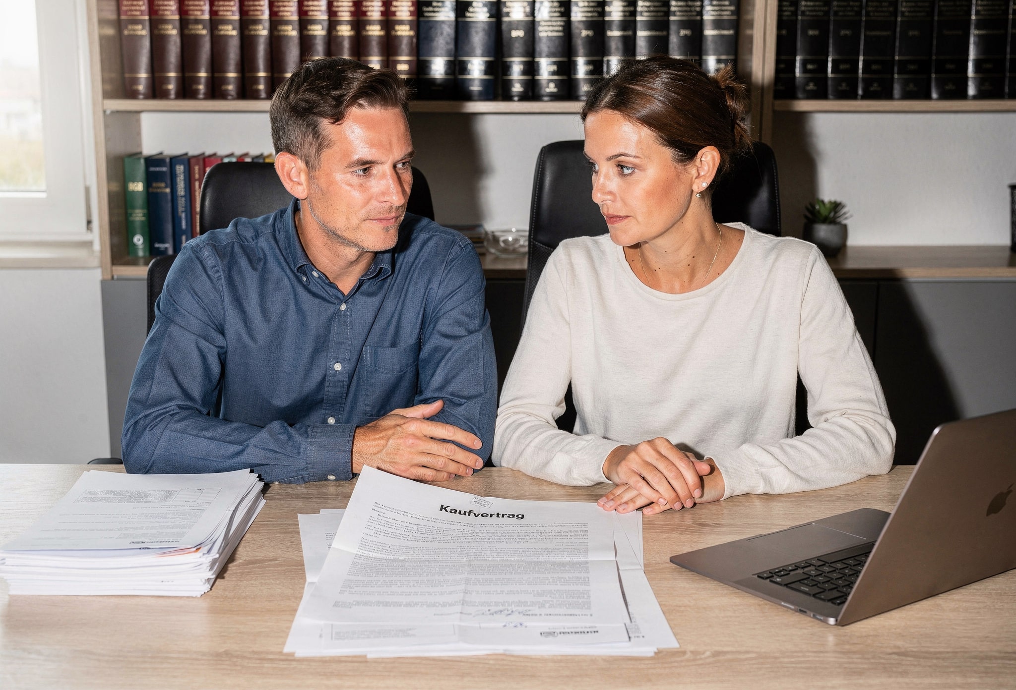 Hauskäufer prüfen 2026 gesetzliche Grundlagen und Kaufvertrag am Laptop