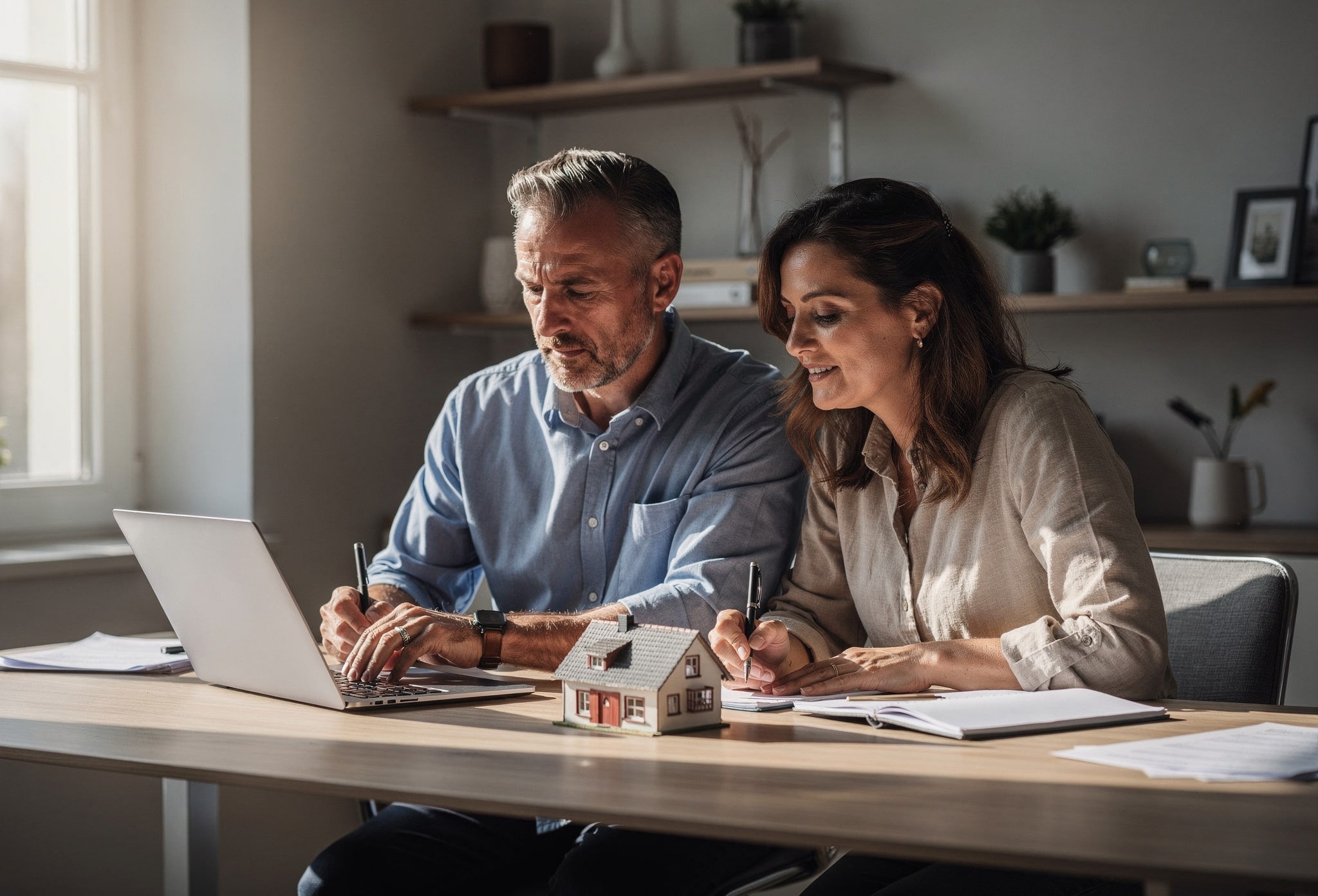Ehepaar prüft Hauskauf 2026 am Schreibtisch mit Laptop und Unterlagen