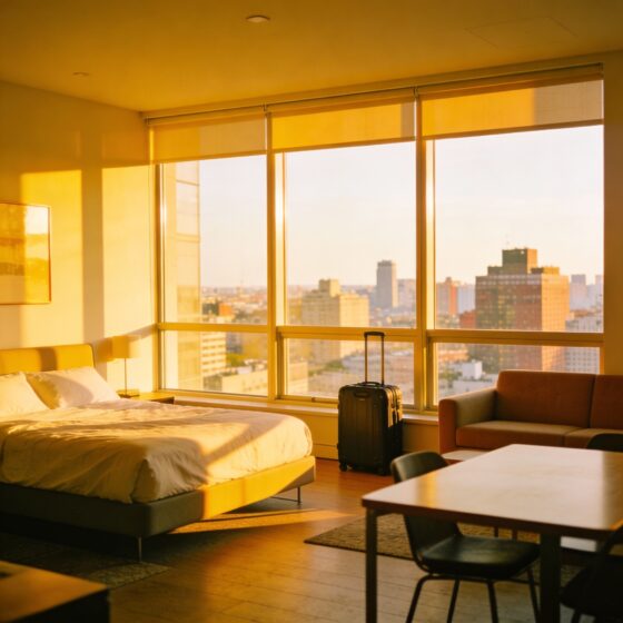 Möblierte Wohnung vermieten – modernes Wohnen auf Zeit. Voll möblierte Wohnung mit Wohn- und Schlafbereich in der Stadt, Symbolbild für die Vermietung möblierter Wohnungen in urbanen Lagen