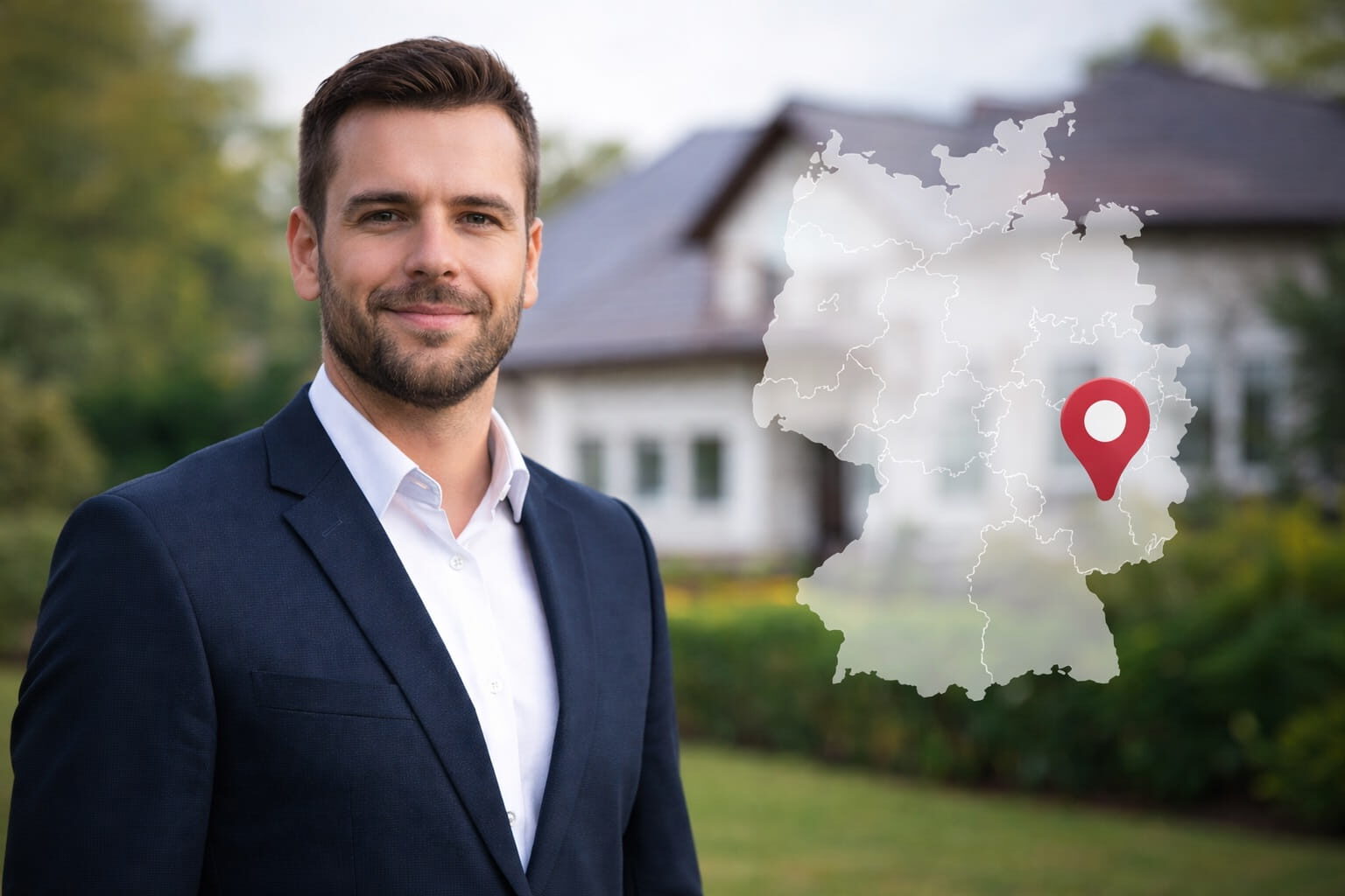 Regionaler Immobilienmakler mit Haus im Hintergrund und Deutschlandkarte mit Standortmarkierung