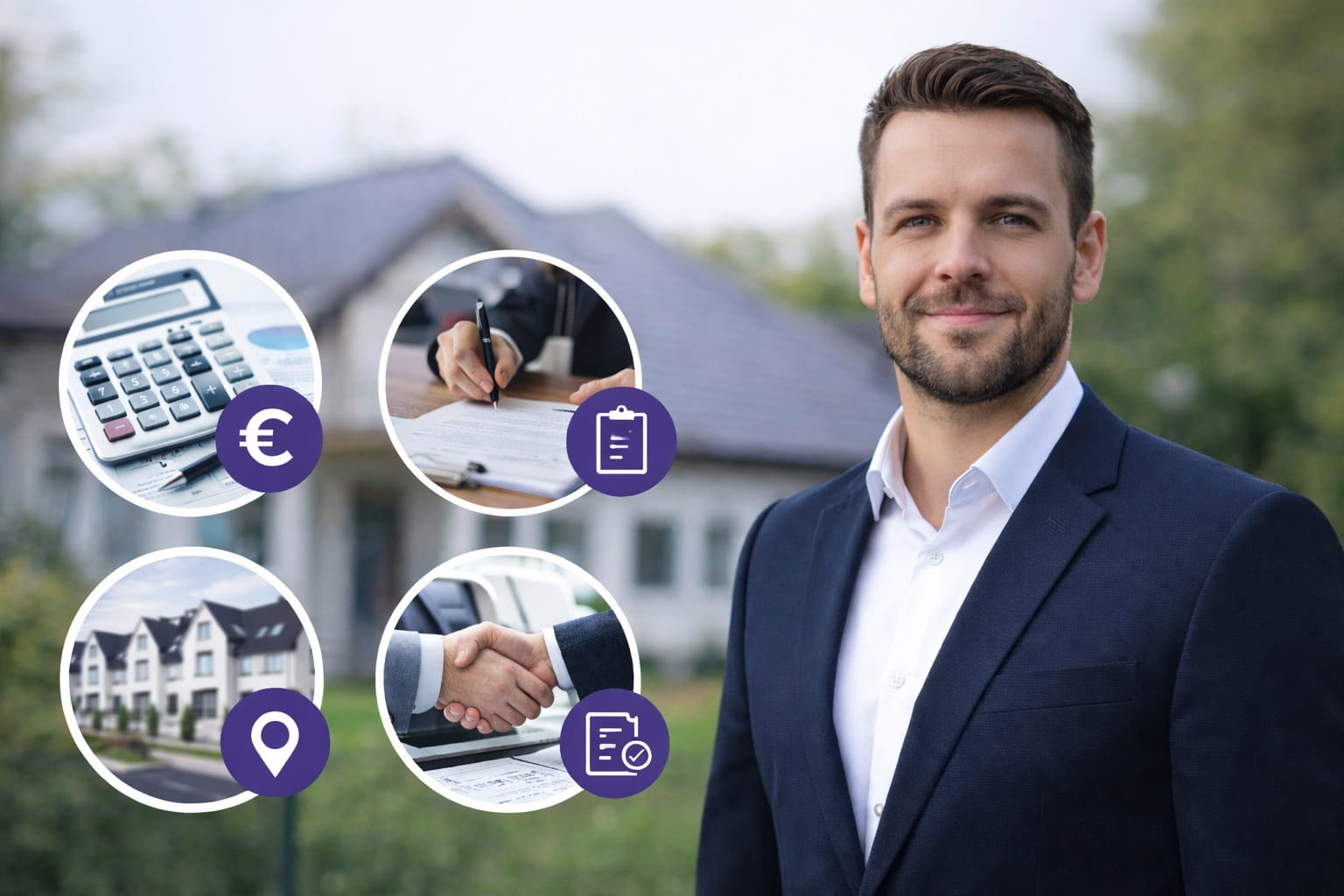 Immobilienmakler in Aachen mit Haus im Hintergrund – Beratung zu Verkauf, Kauf, Miete und Vermietung