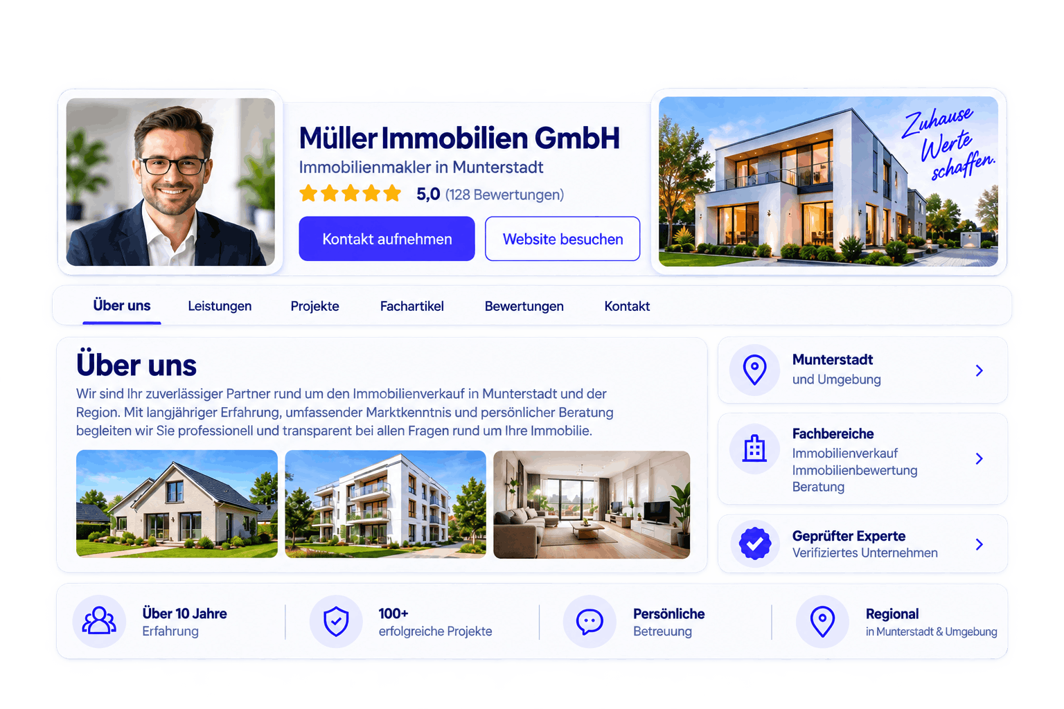 Beispiel einer ausführlichen Profilseite für Immobilienexperten mit Leistungen, Referenzen und Kontaktdaten