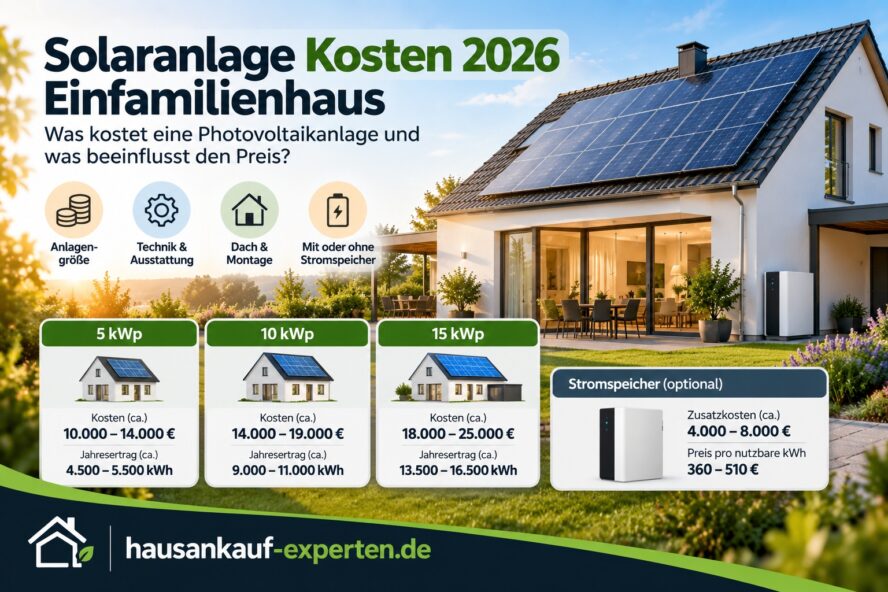 Solaranlage Kosten 2026 für ein Einfamilienhaus mit Photovoltaikanlage und Stromspeicher