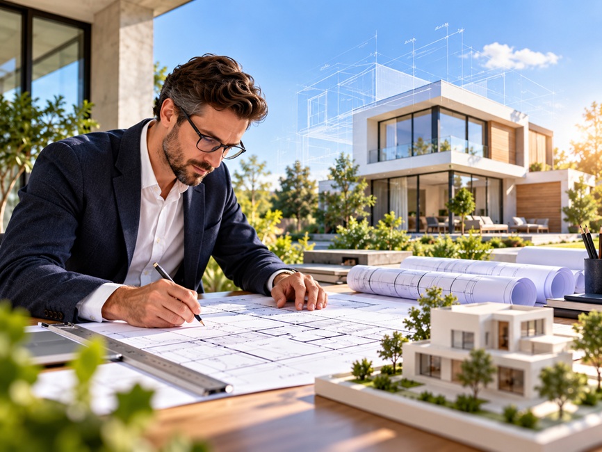 Architekt bei der Bauplanung eines modernen Wohnhauses